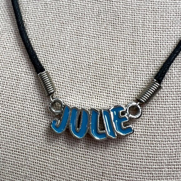 Personalized Julie Necklace Blue Enamel Black Cord Spellout Name - Picture 3 of 5